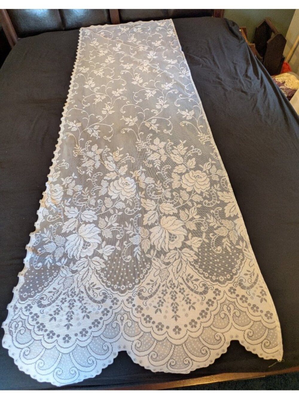 2 Vtg Lace Sidelight Curtain Panels White Floral Scalloped Cottagecore 80" - Picture 2 of 7